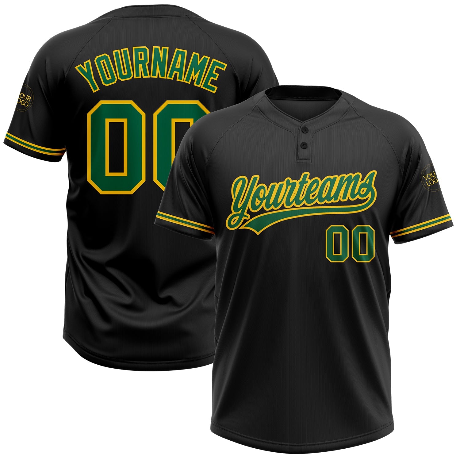 Custom Black Kelly Green-Yellow Two-Button Unisex Softball Jersey - Main View