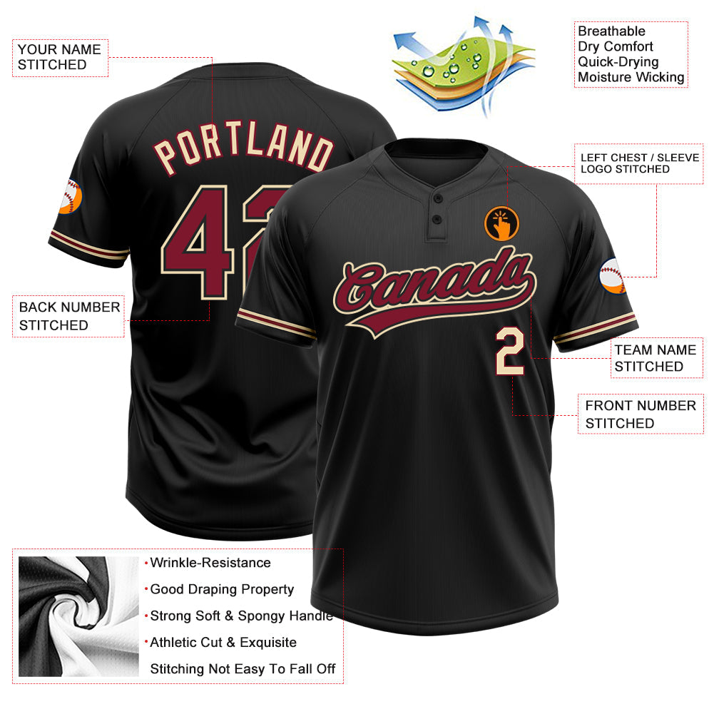 Custom Black Crimson-City Cream Two-Button Unisex Softball Jersey view 3