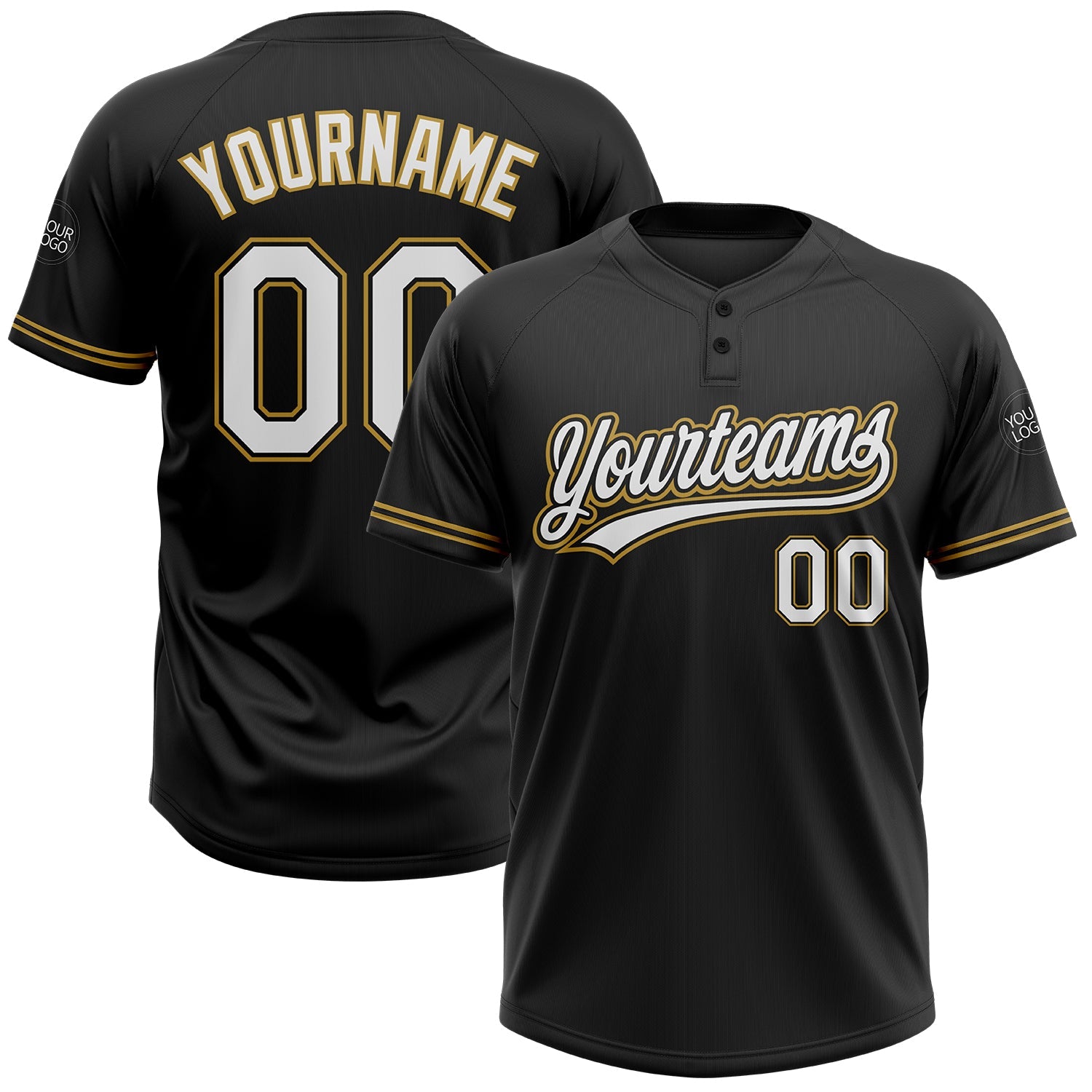 Custom Black White-Old Gold Two-Button Unisex Softball Jersey - Main View