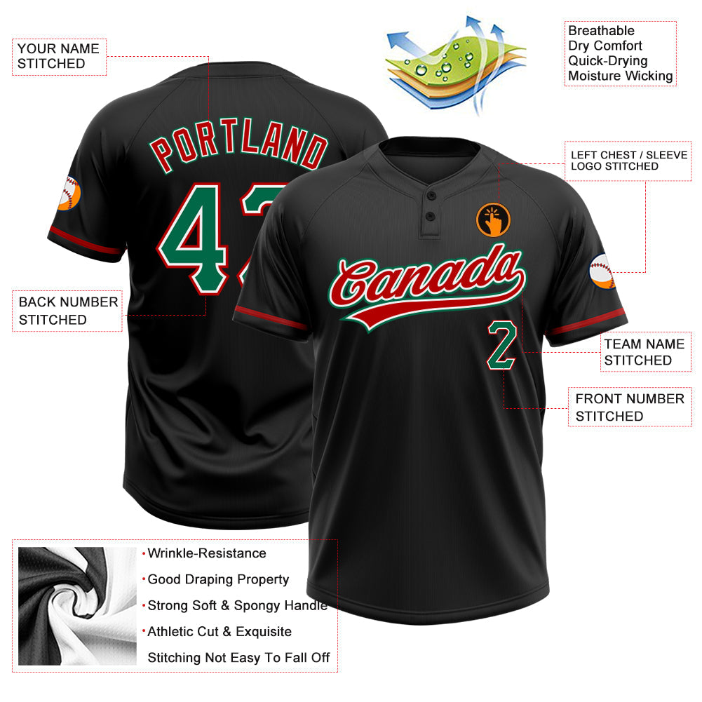 Custom Black Kelly Green-Red Two-Button Unisex Softball Jersey view 3