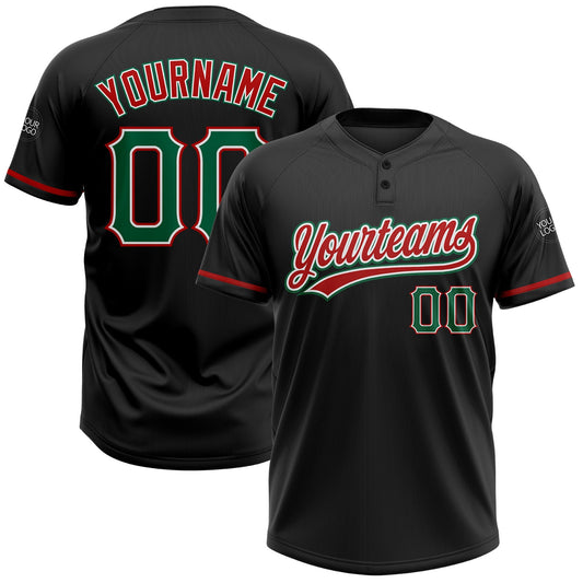 Custom Black Kelly Green-Red Two-Button Unisex Softball Jersey - Main View