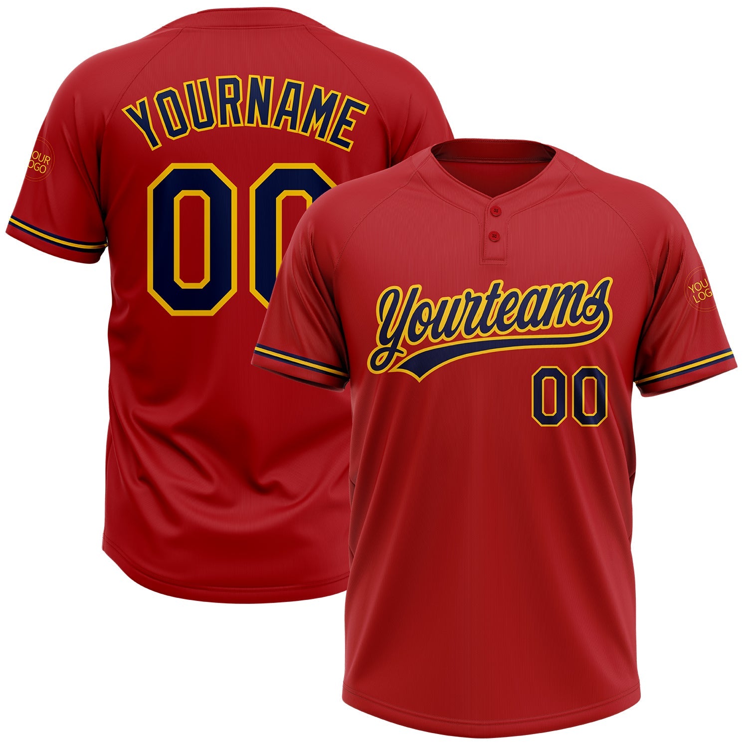 Custom Red Navy-Yellow Two-Button Unisex Softball Jersey - Main View