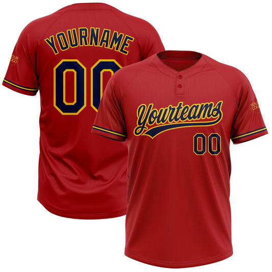 Custom Red Navy-Yellow Two-Button Unisex Softball Jersey - Main View