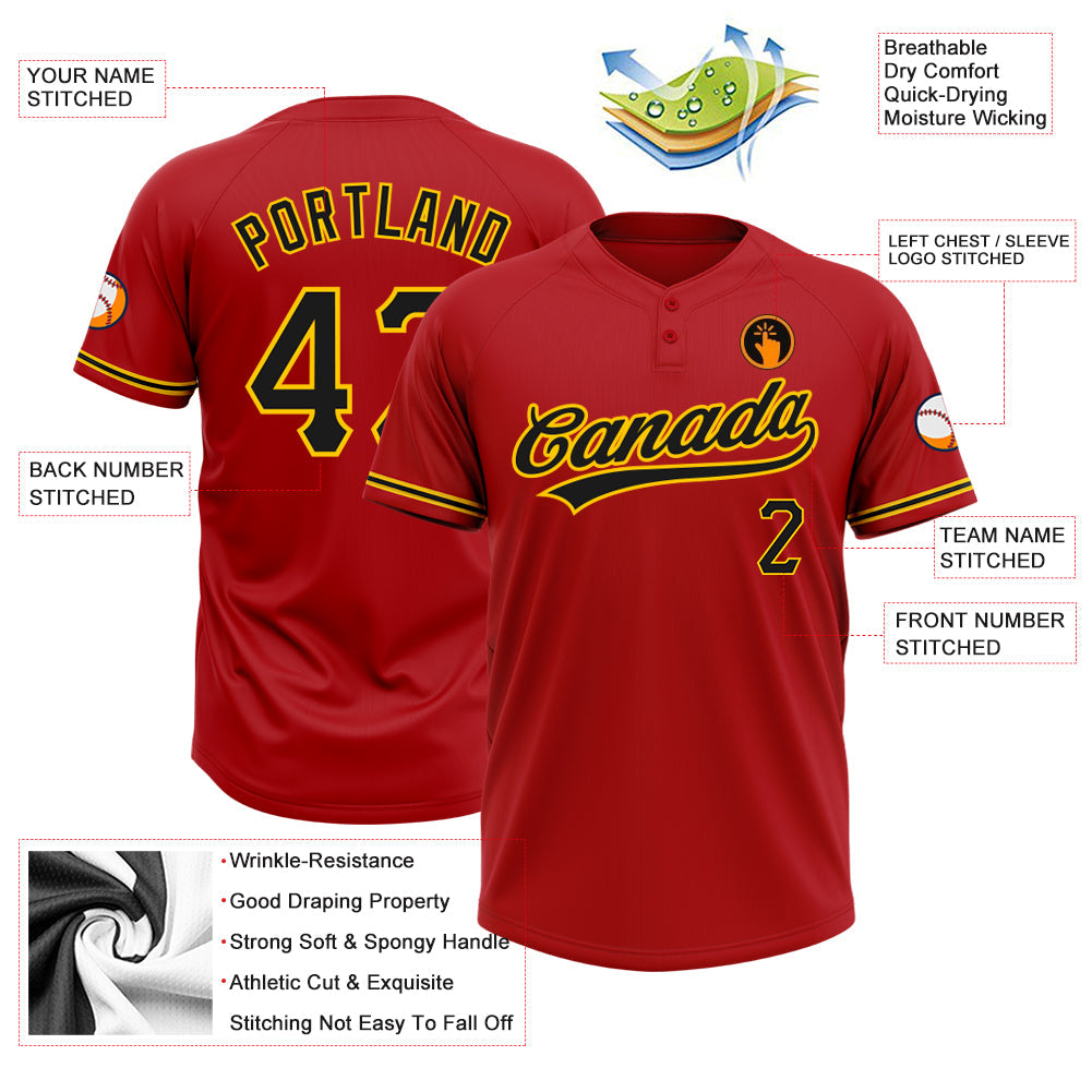 Custom Red Black-Yellow Two-Button Unisex Softball Jersey view 3