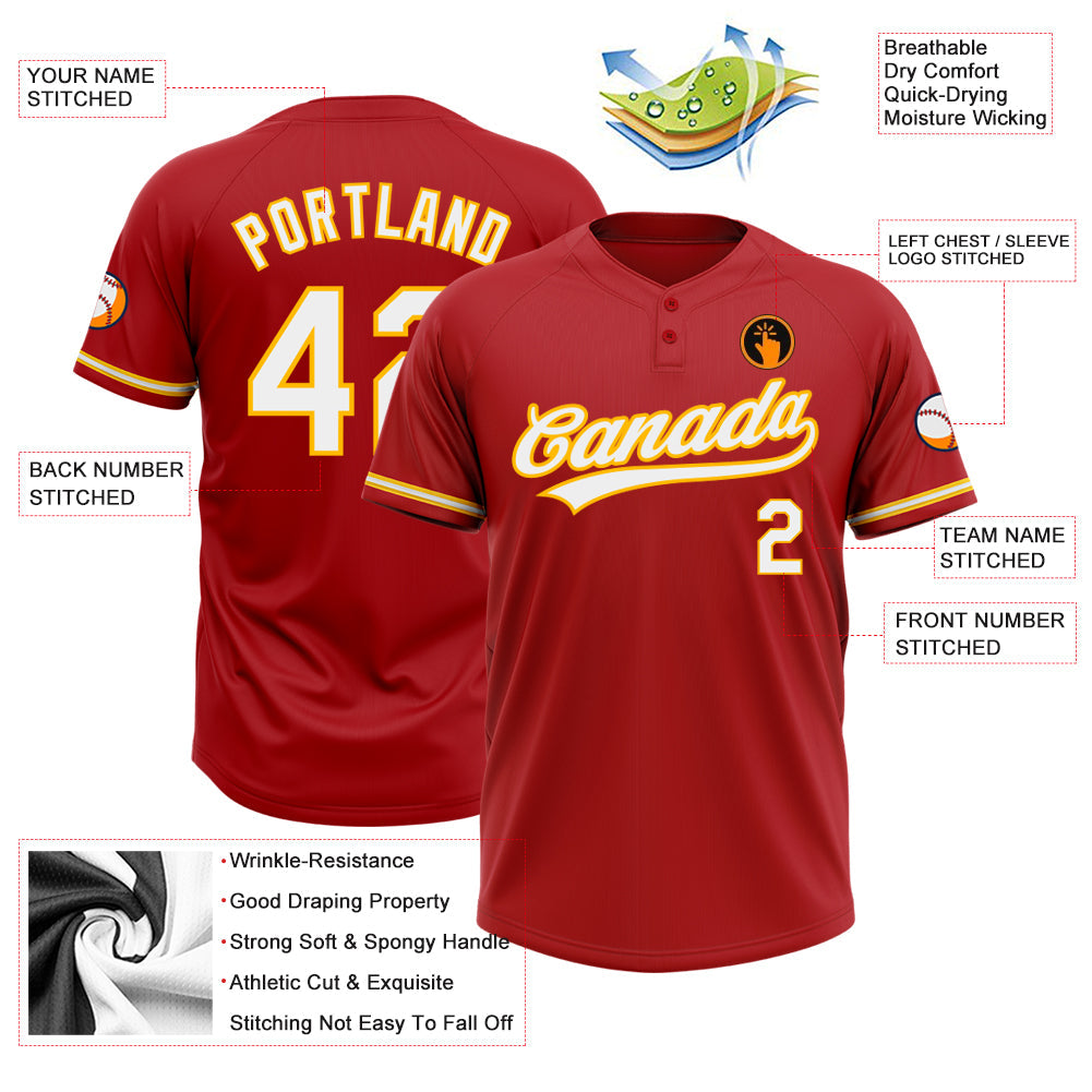 Custom Red White-Yellow Two-Button Unisex Softball Jersey view 3
