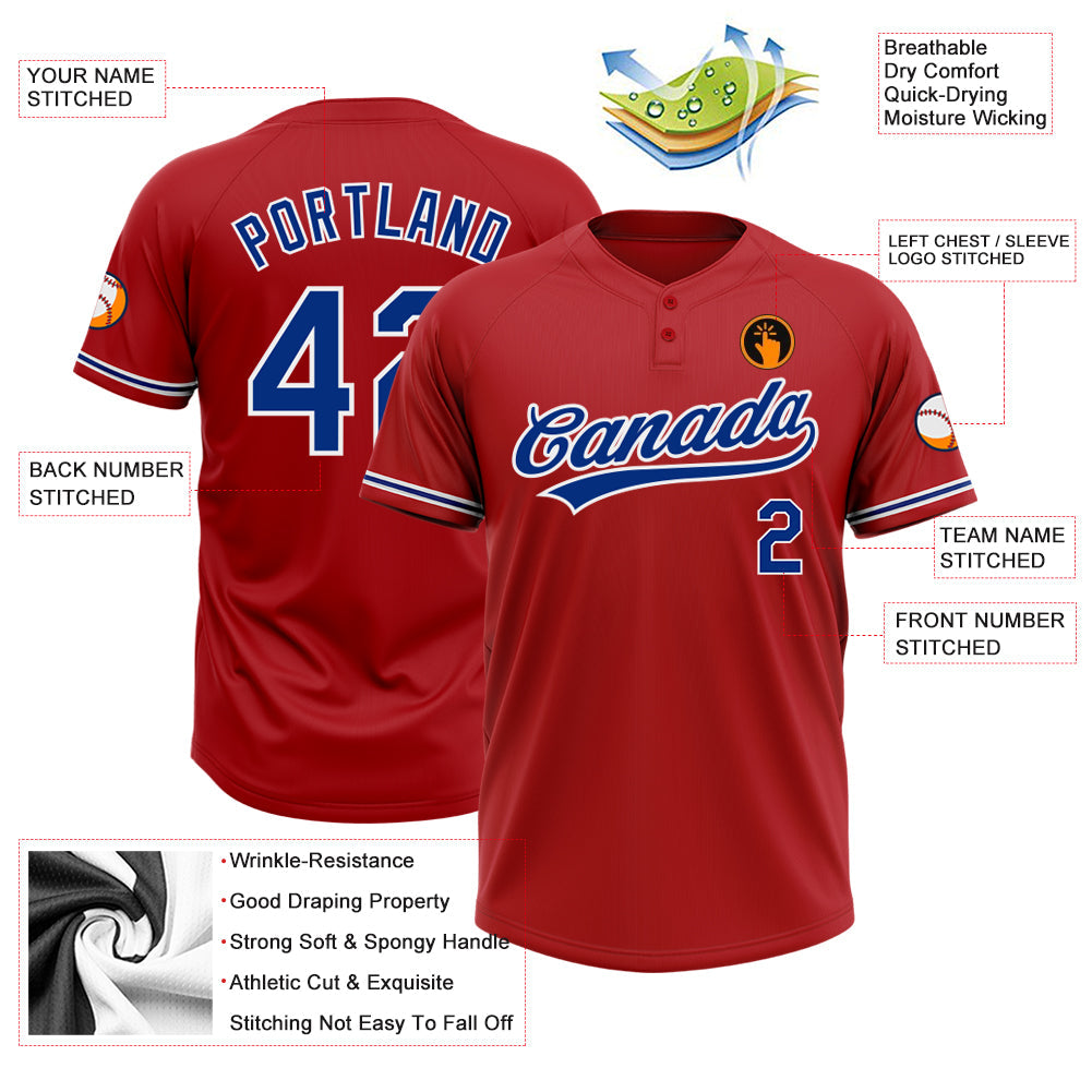 Custom Red Royal-White Two-Button Unisex Softball Jersey view 3