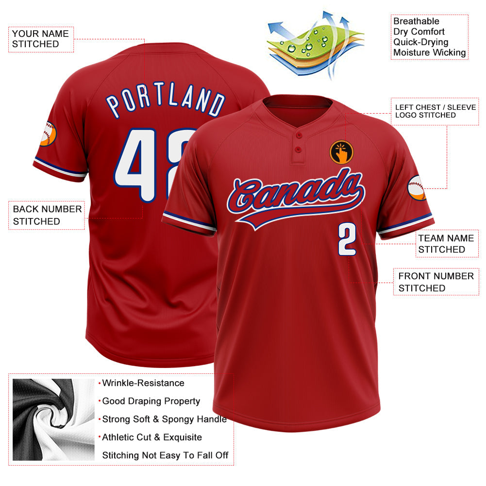 Custom Red White-Royal Two-Button Unisex Softball Jersey view 3