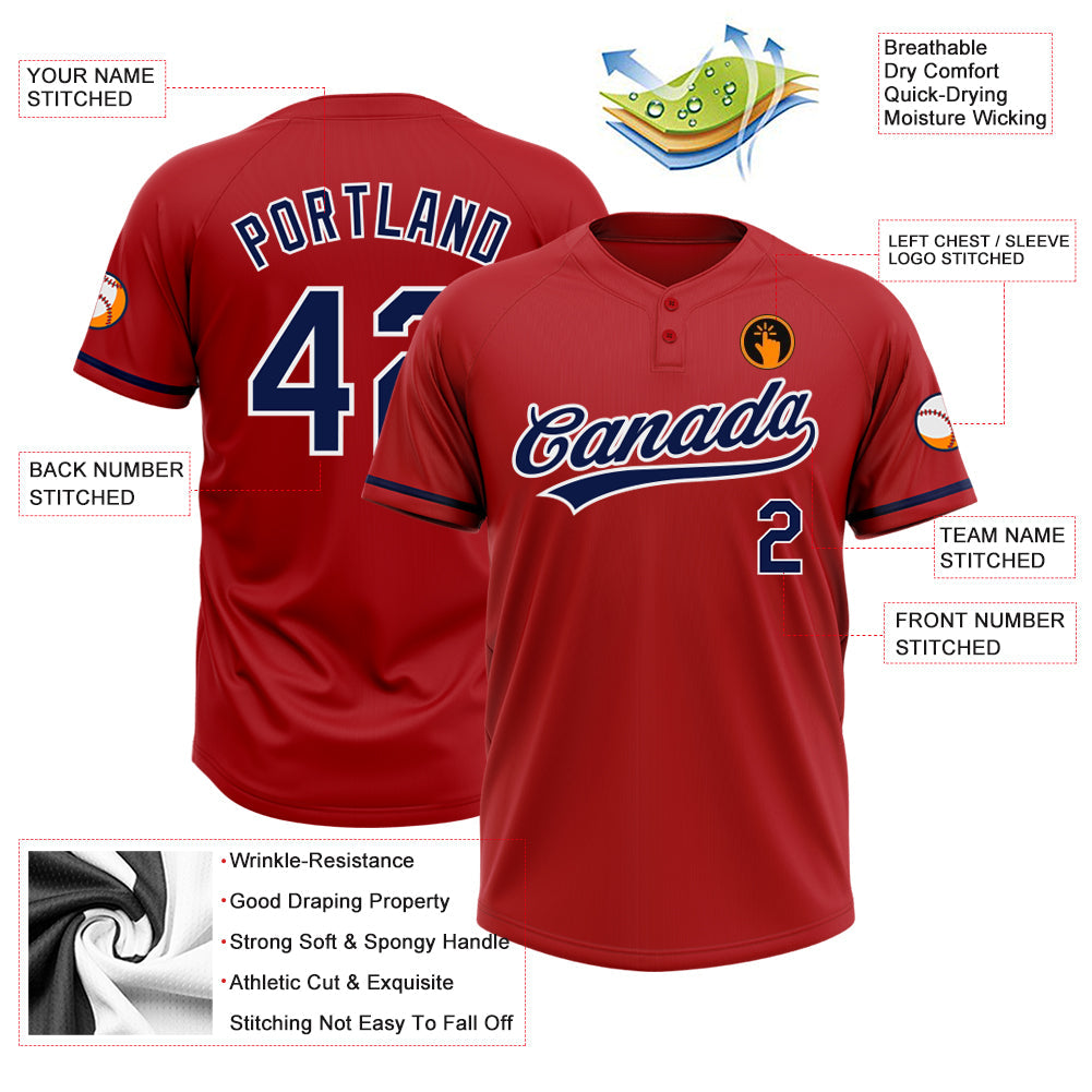 Custom Red Navy-White Two-Button Unisex Softball Jersey view 3