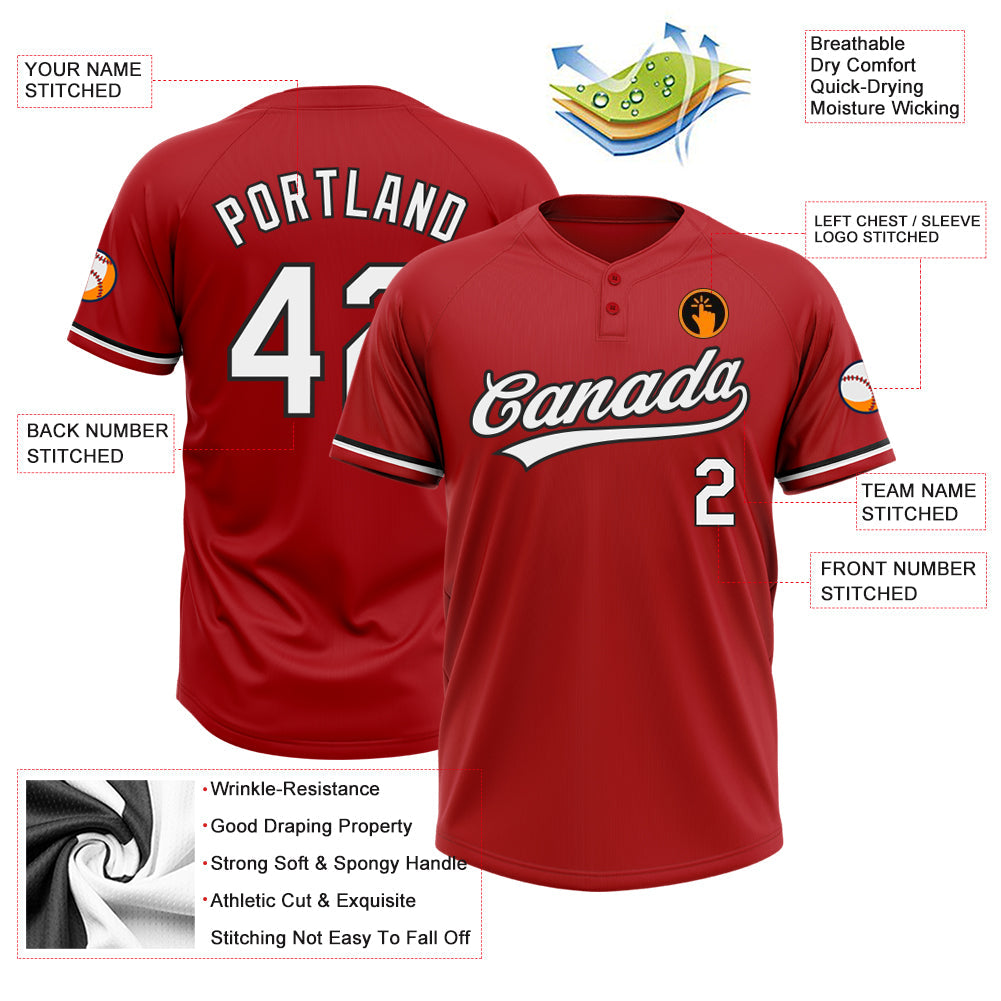 Custom Red White-Black Two-Button Unisex Softball Jersey view 3