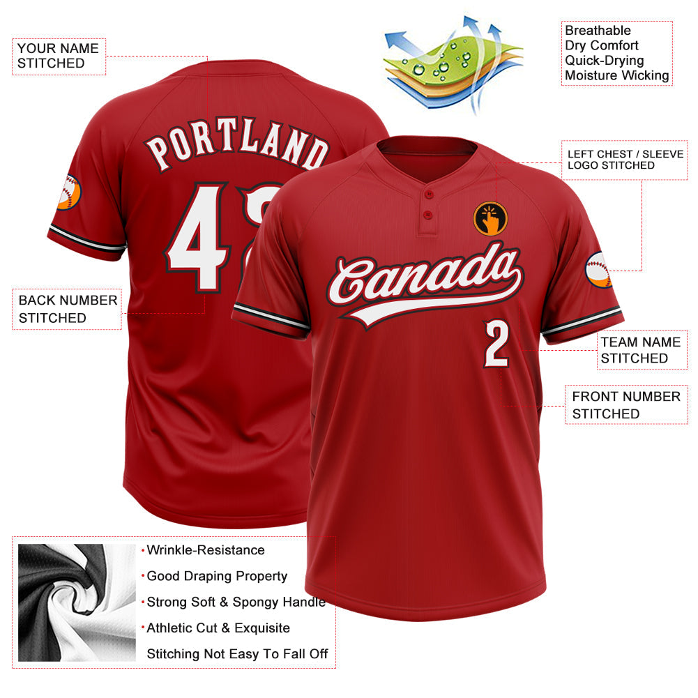 Custom Red White-Black Two-Button Unisex Softball Jersey view 3