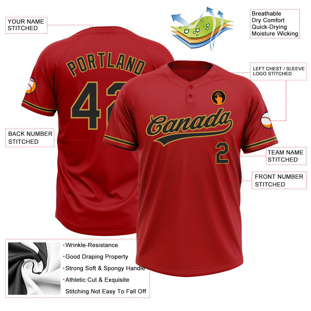 Custom Red Black-Old Gold Two-Button Unisex Softball Jersey view 3