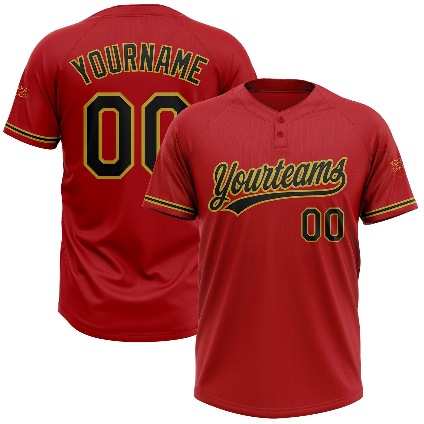 Custom Red Black-Old Gold Two-Button Unisex Softball Jersey - Main View