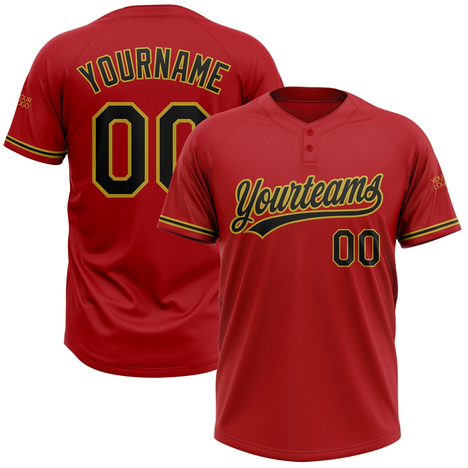 Custom Red Black-Old Gold Two-Button Unisex Softball Jersey - Main View