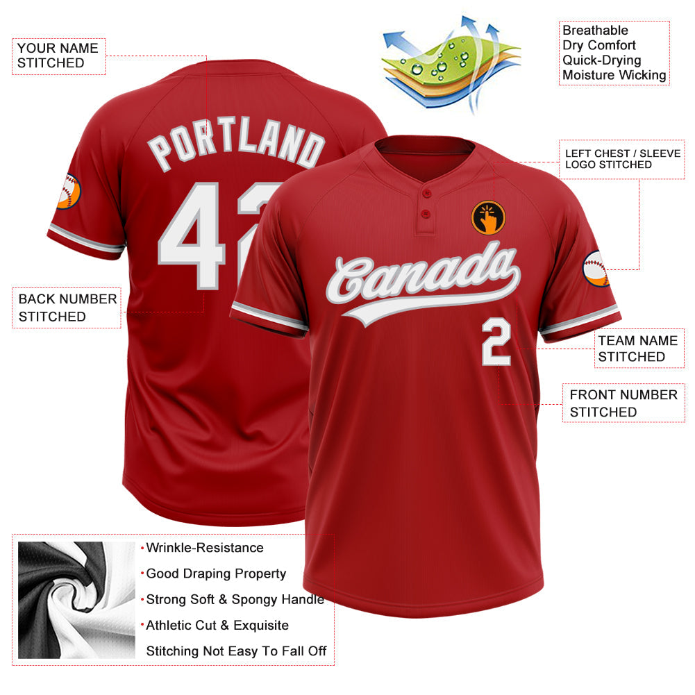 Custom Red White-Gray Two-Button Unisex Softball Jersey view 3