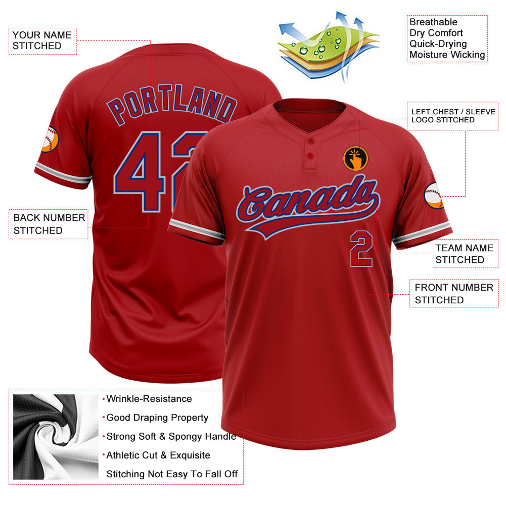 Custom Red Red Royal-Gray Two-Button Unisex Softball Jersey view 3