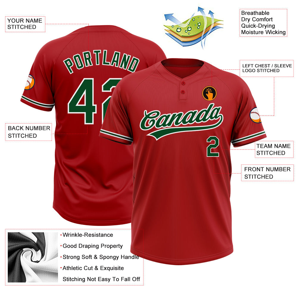 Custom Red Green-White Two-Button Unisex Softball Jersey view 3