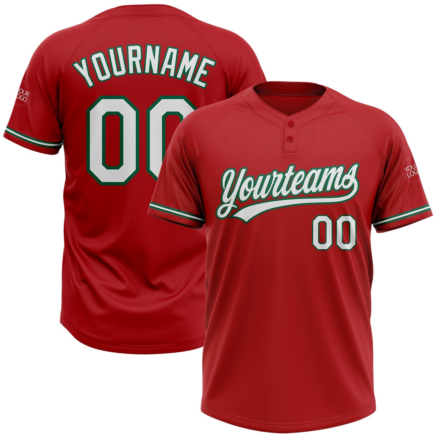 Custom Red White-Kelly Green Two-Button Unisex Softball Jersey - Main View