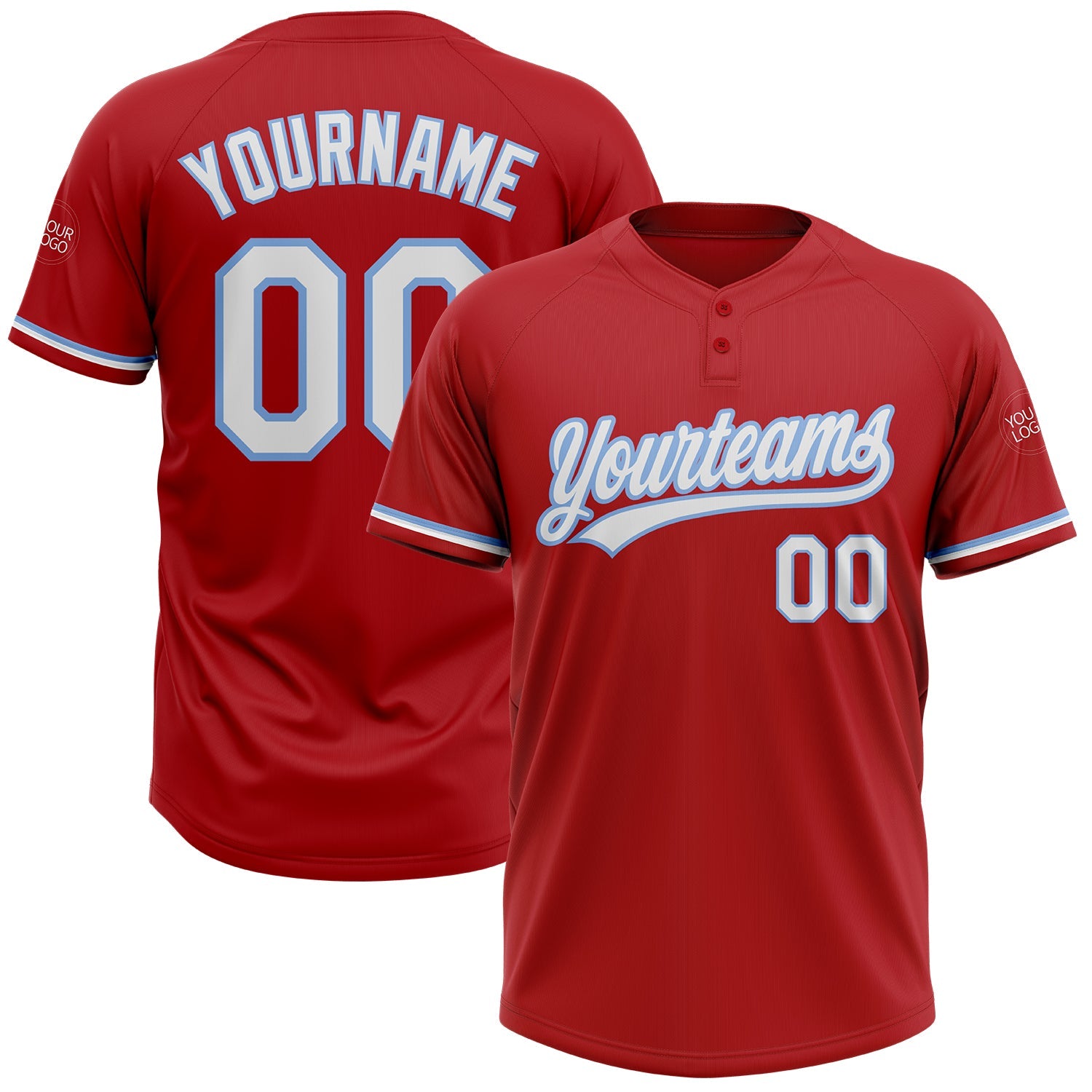 Custom Red White-Light Blue Two-Button Unisex Softball Jersey - Main View