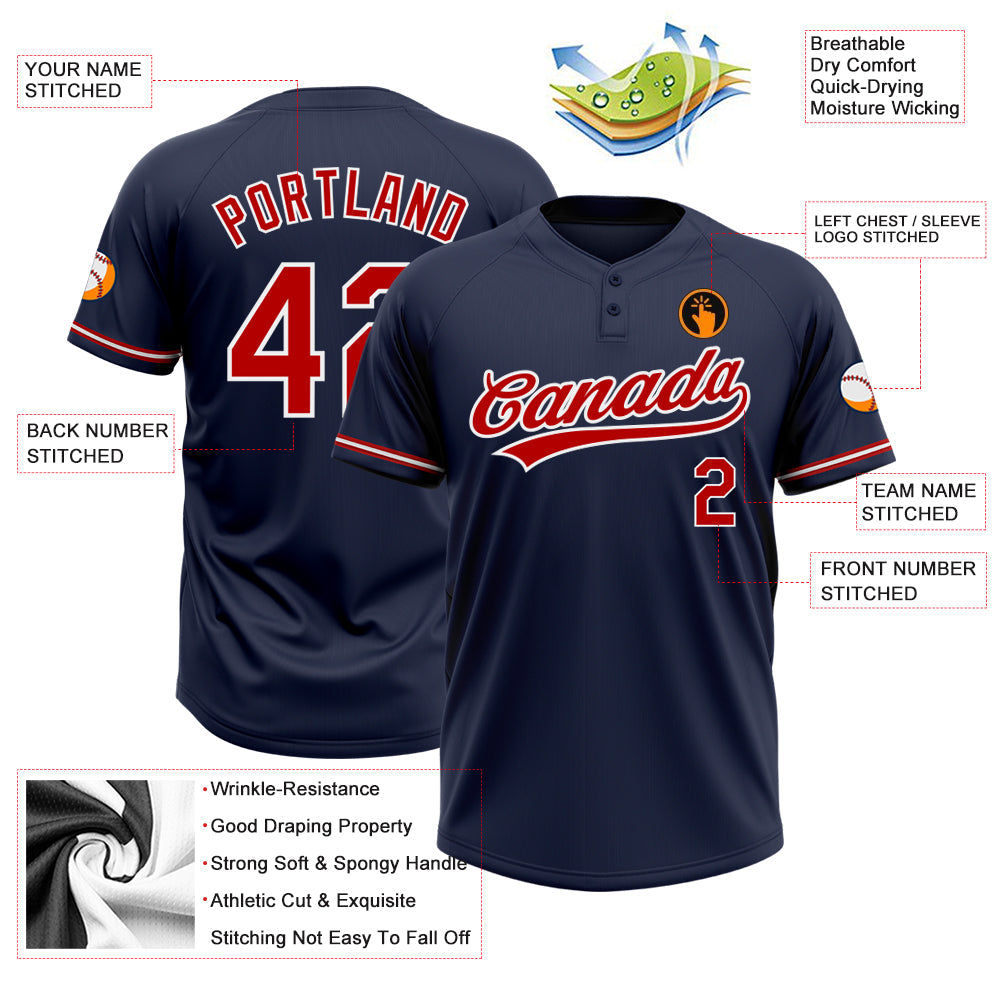 Custom Navy Red-White Two-Button Unisex Softball Jersey view 3