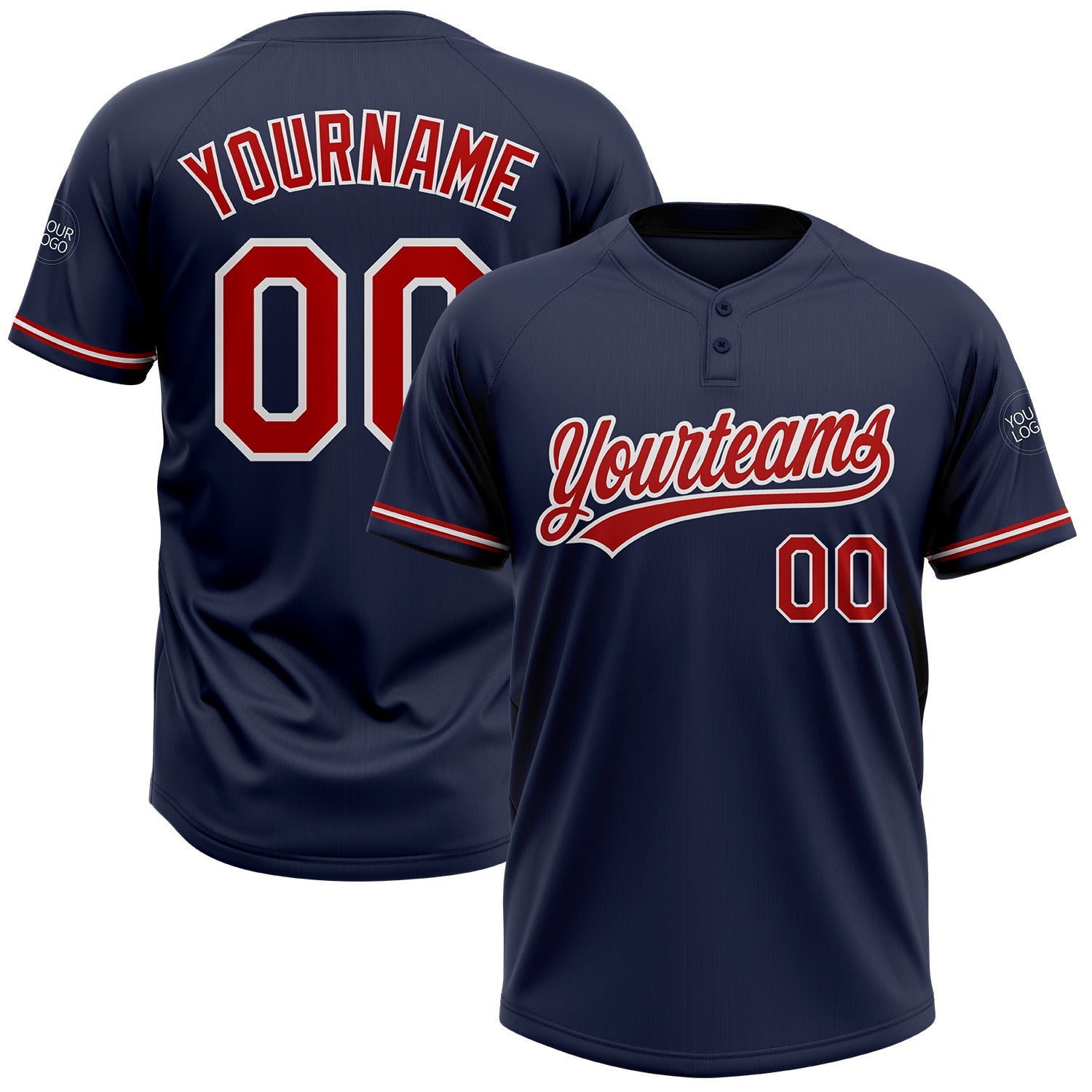 Custom Navy Red-White Two-Button Unisex Softball Jersey - Main View