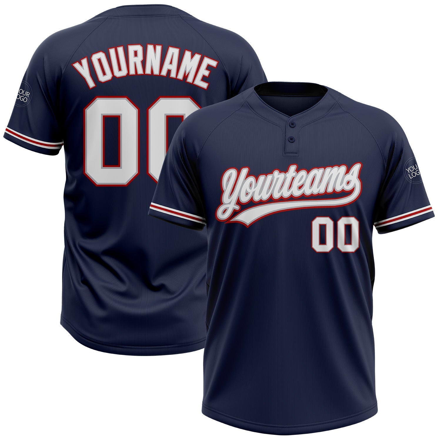 Custom Navy White Gray-Red Two-Button Unisex Softball Jersey - Main View