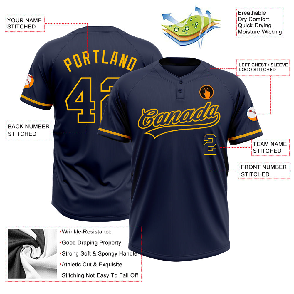 Custom Navy Navy-Gold Two-Button Unisex Softball Jersey view 3