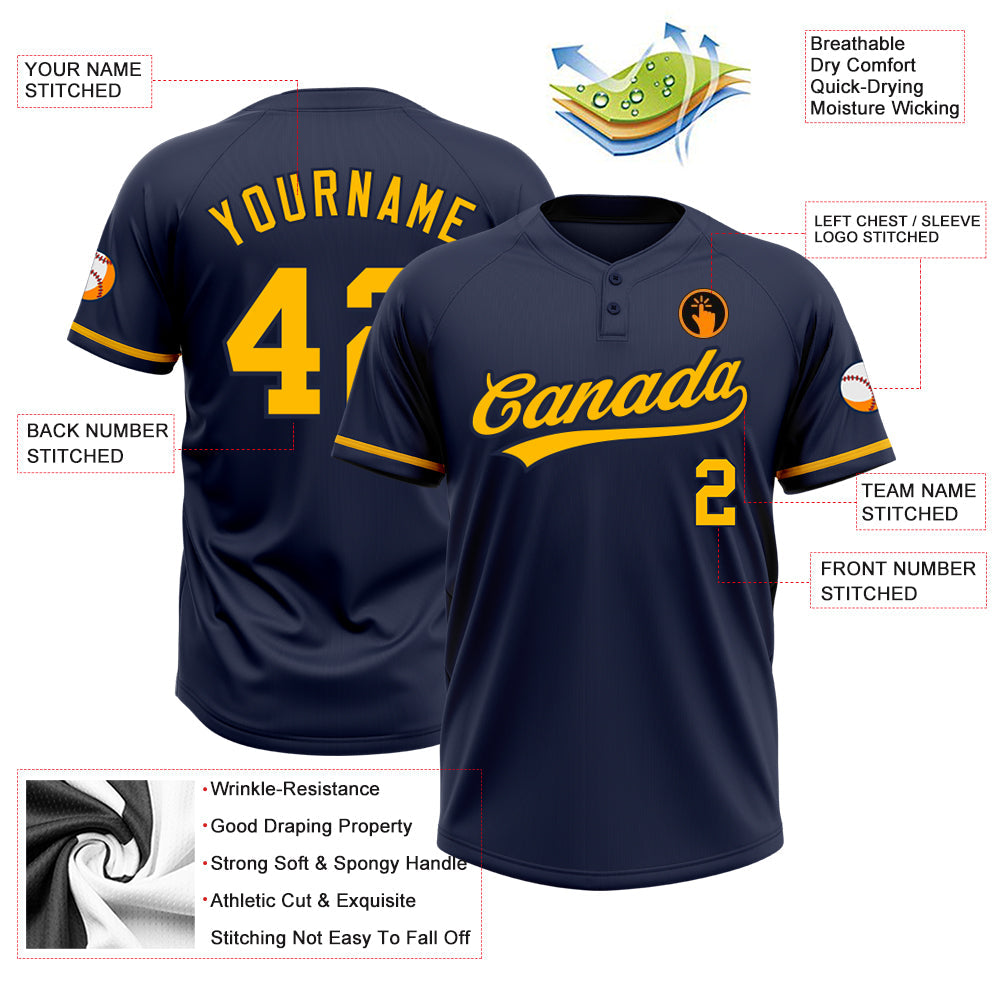 Custom Navy Gold Two-Button Unisex Softball Jersey view 3