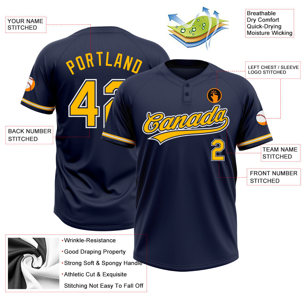 Custom Navy Gold-White Two-Button Unisex Softball Jersey view 3