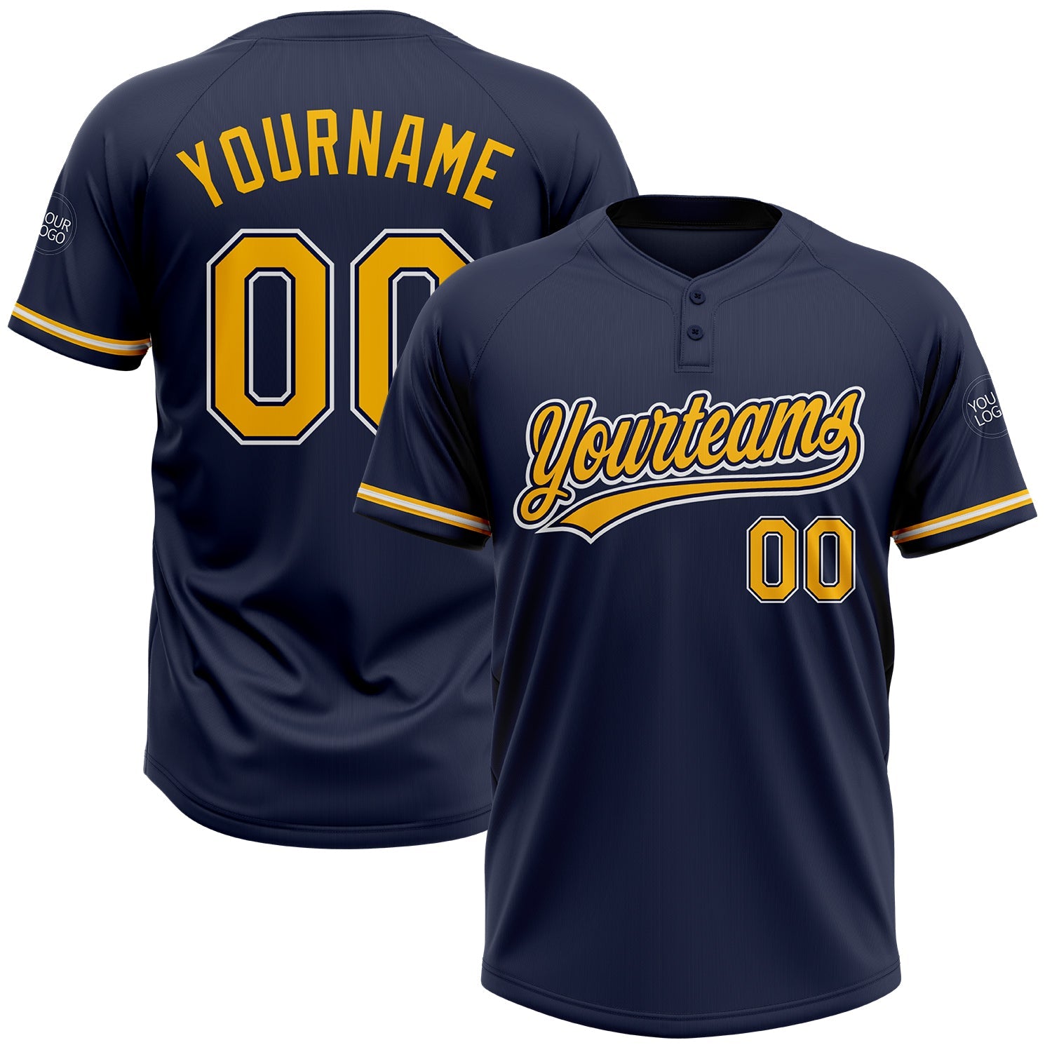 Custom Navy Gold-White Two-Button Unisex Softball Jersey - Main View