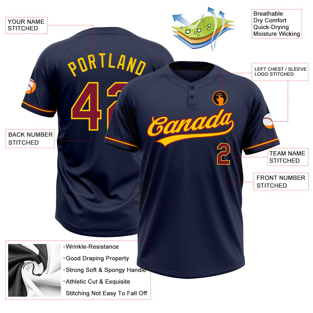 Custom Navy Crimson-Yellow Two-Button Unisex Softball Jersey view 3