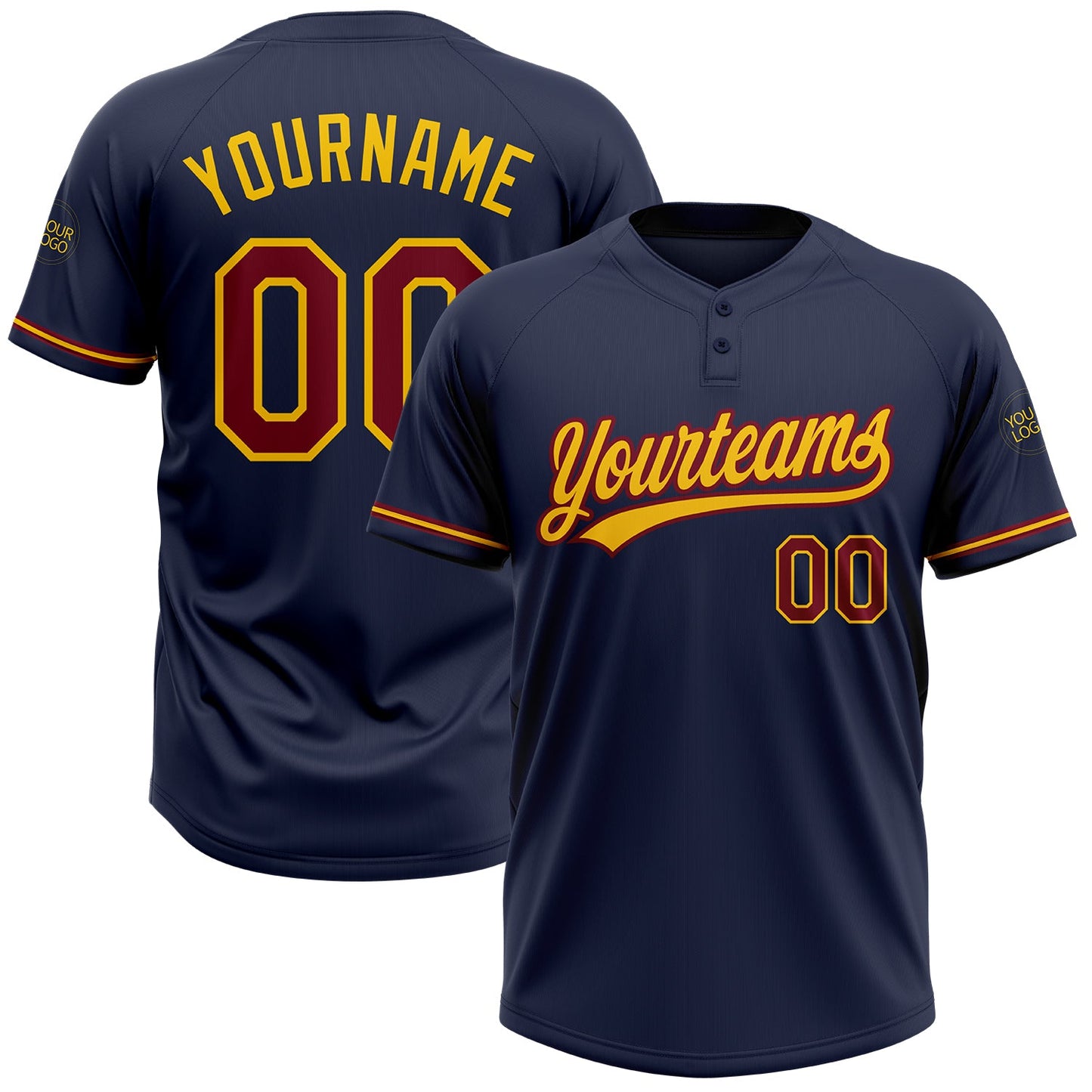 Custom Navy Crimson-Yellow Two-Button Unisex Softball Jersey - Main View