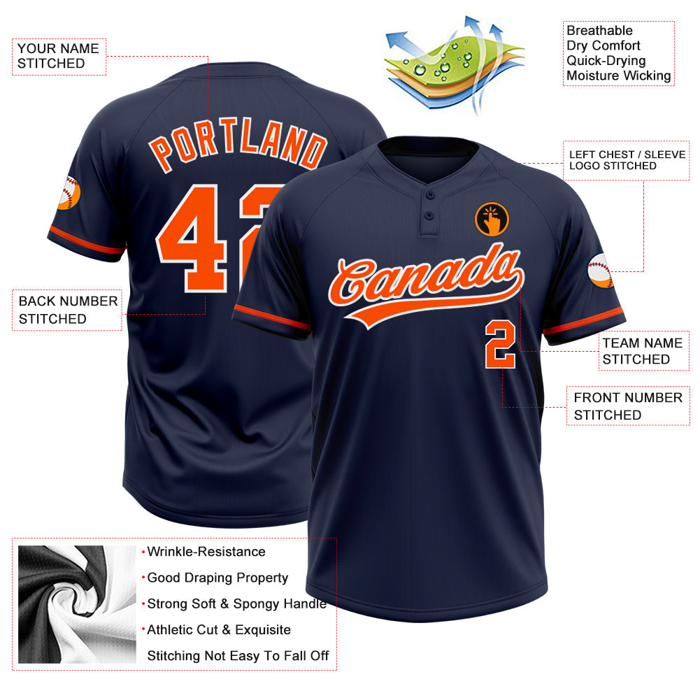 Custom Navy Orange-White Two-Button Unisex Softball Jersey view 3
