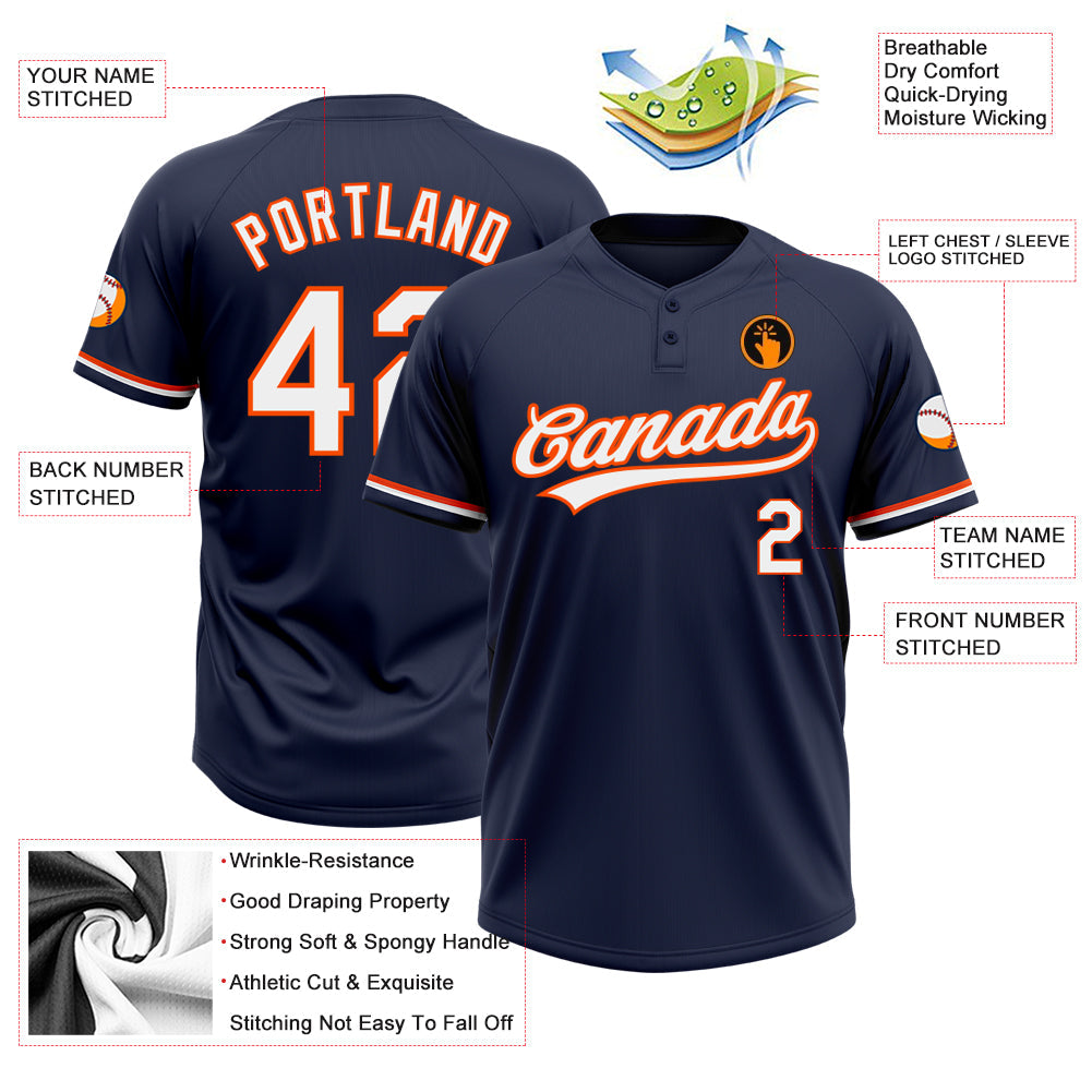 Custom Navy White-Orange Two-Button Unisex Softball Jersey view 3