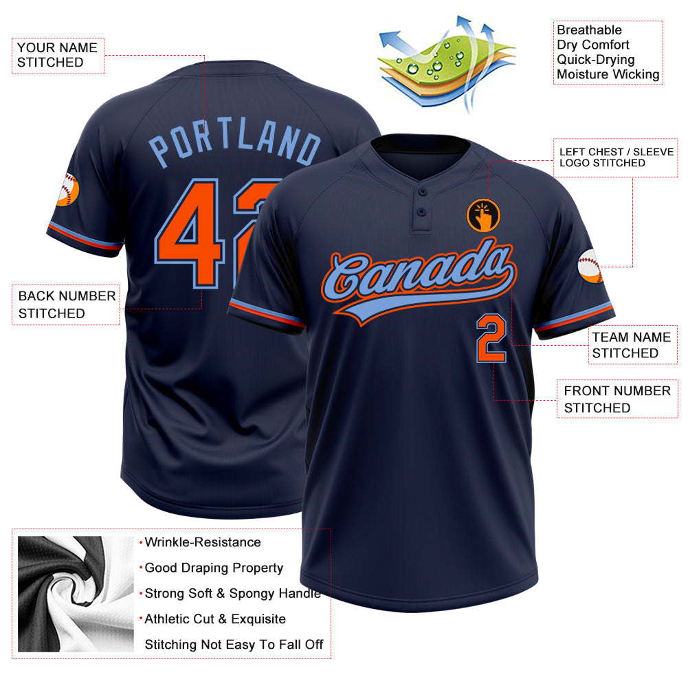Custom Navy Orange-Powder Blue Two-Button Unisex Softball Jersey view 3