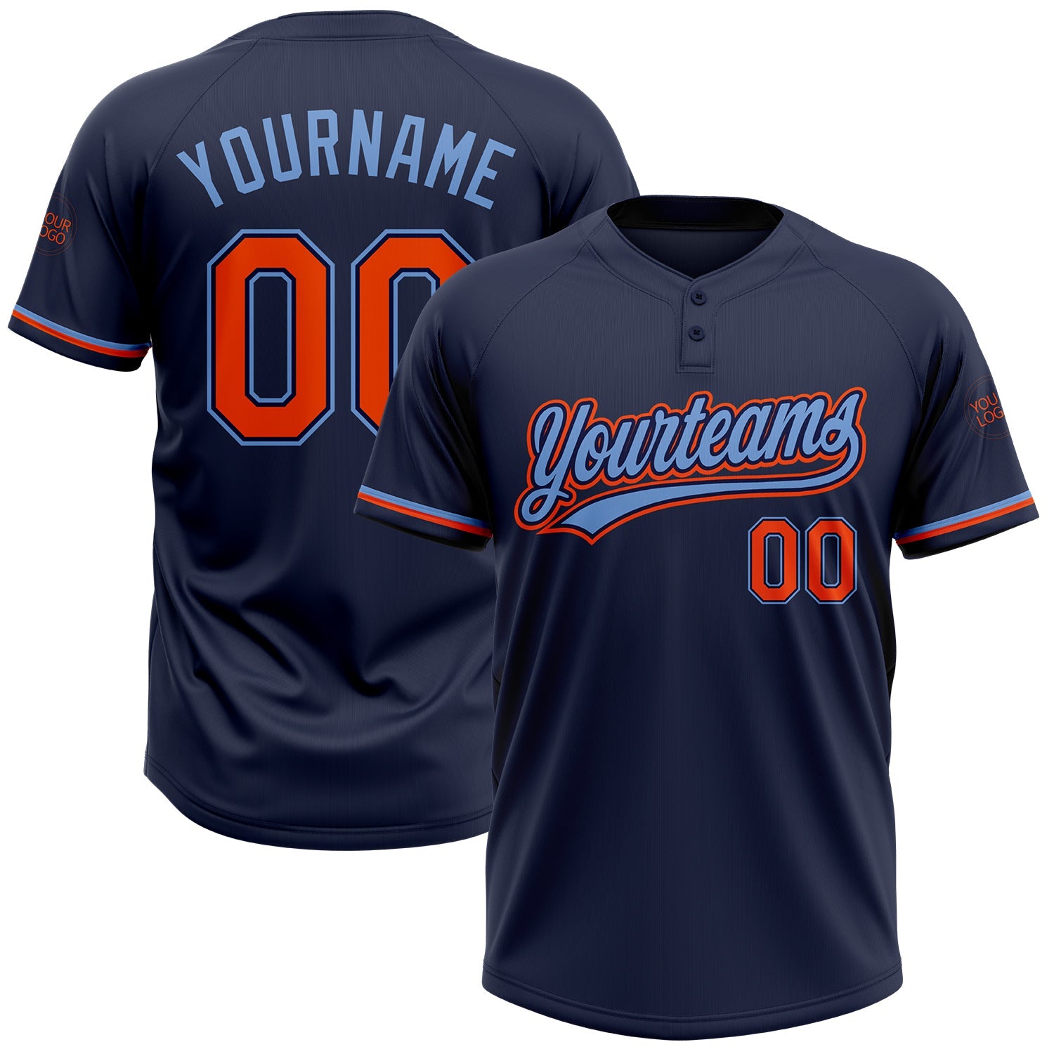 Custom Navy Orange-Powder Blue Two-Button Unisex Softball Jersey - Main View