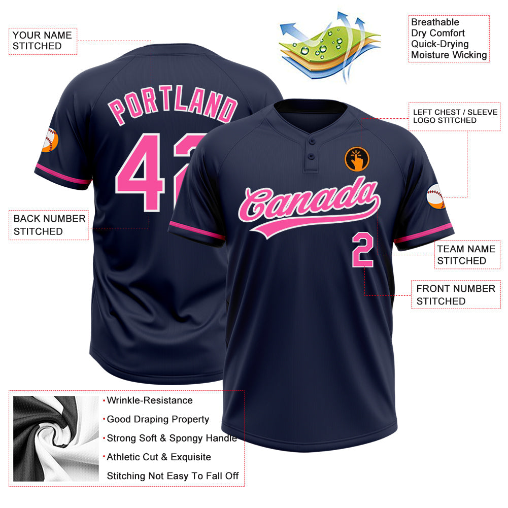 Custom Navy Pink-White Two-Button Unisex Softball Jersey view 3