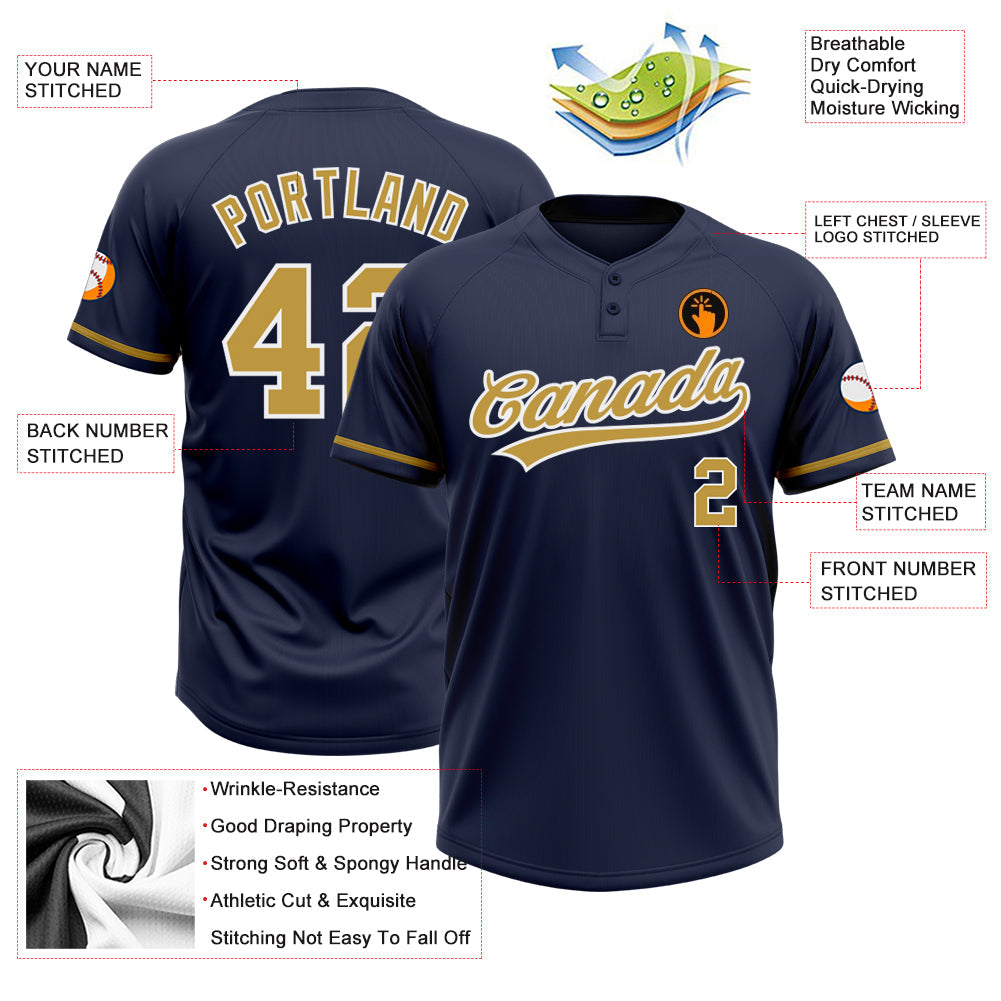 Custom Navy Old Gold-White Two-Button Unisex Softball Jersey view 3
