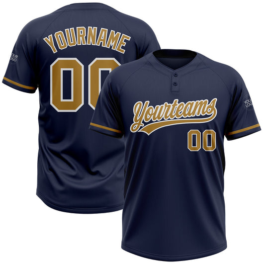 Custom Navy Old Gold-White Two-Button Unisex Softball Jersey - Main View