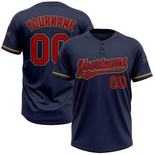 Custom Navy Red-Old Gold Two-Button Unisex Softball Jersey - Main View