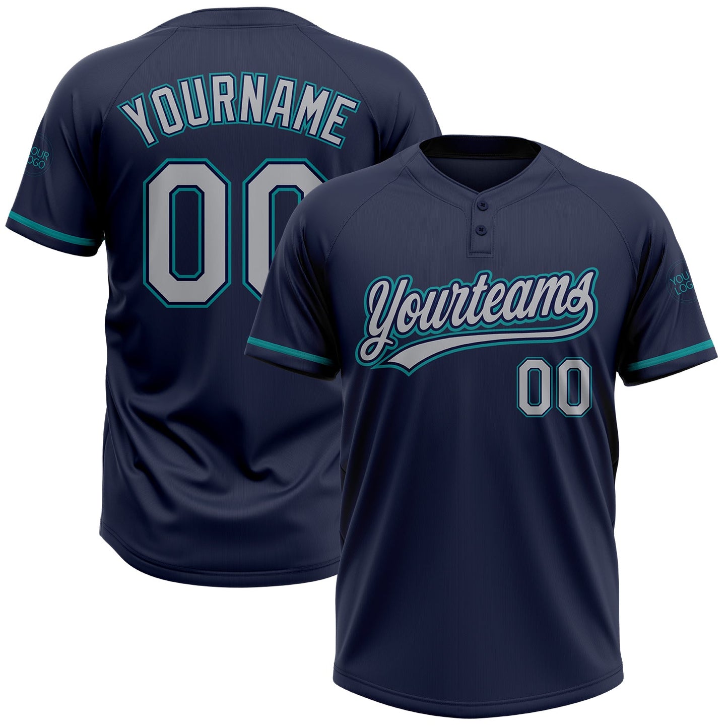 Custom Navy Gray-Teal Two-Button Unisex Softball Jersey - Main View