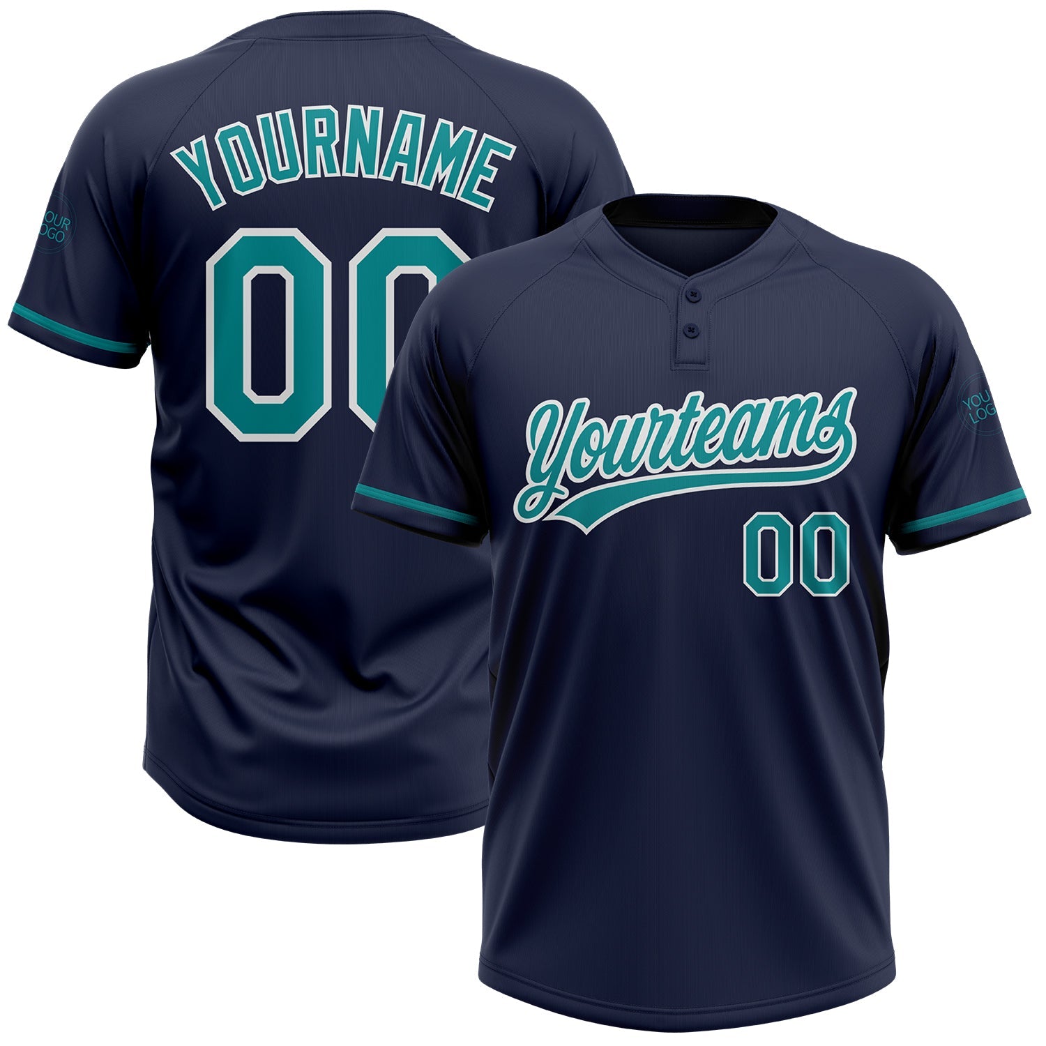 Custom Navy Teal-White Two-Button Unisex Softball Jersey - Main View