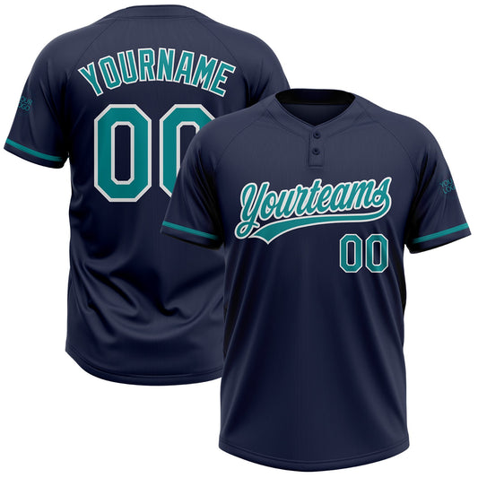 Custom Navy Teal-White Two-Button Unisex Softball Jersey - Main View