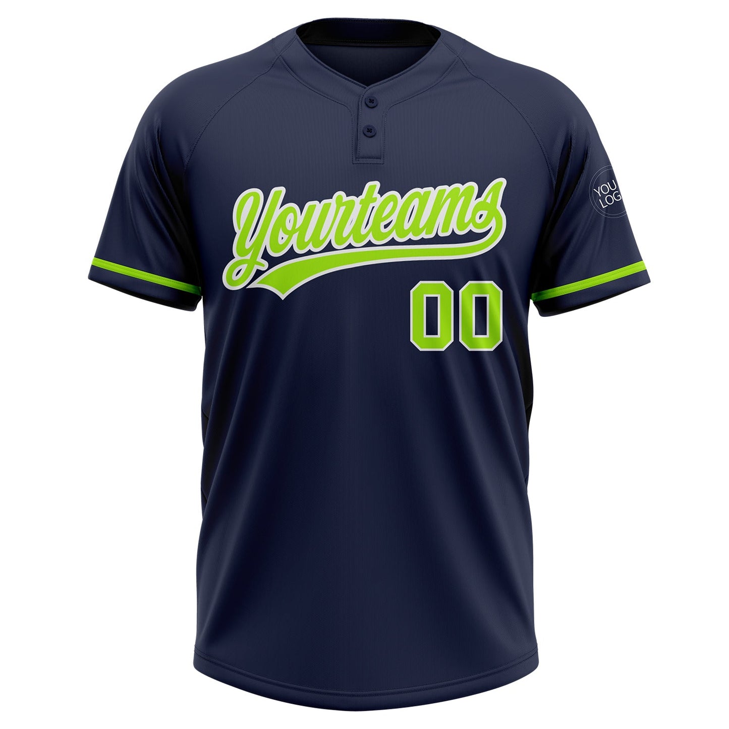 Custom Navy Neon Green-White Two-Button Unisex Softball Jersey view 2