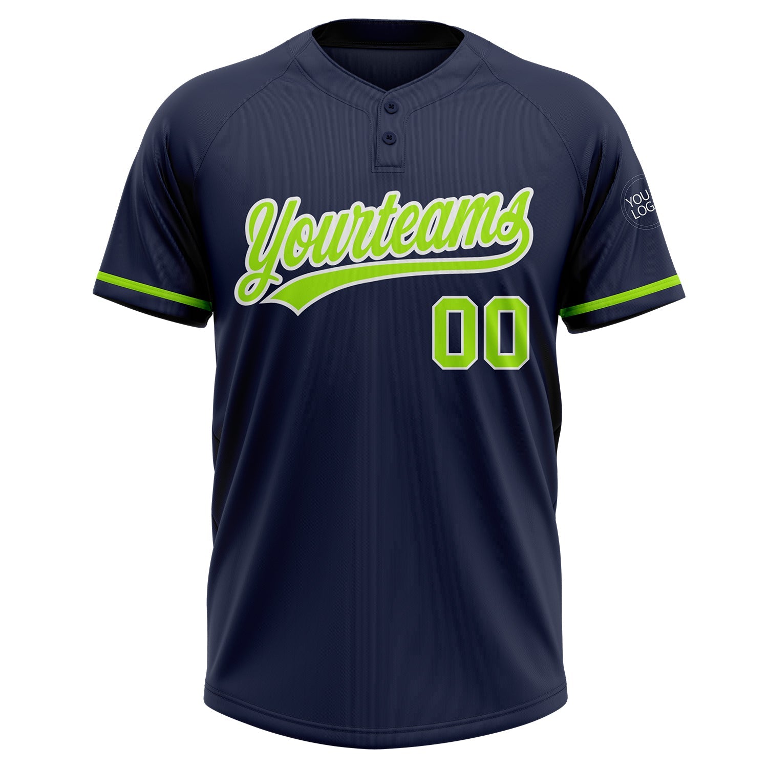 Custom Navy Neon Green-White Two-Button Unisex Softball Jersey view 2