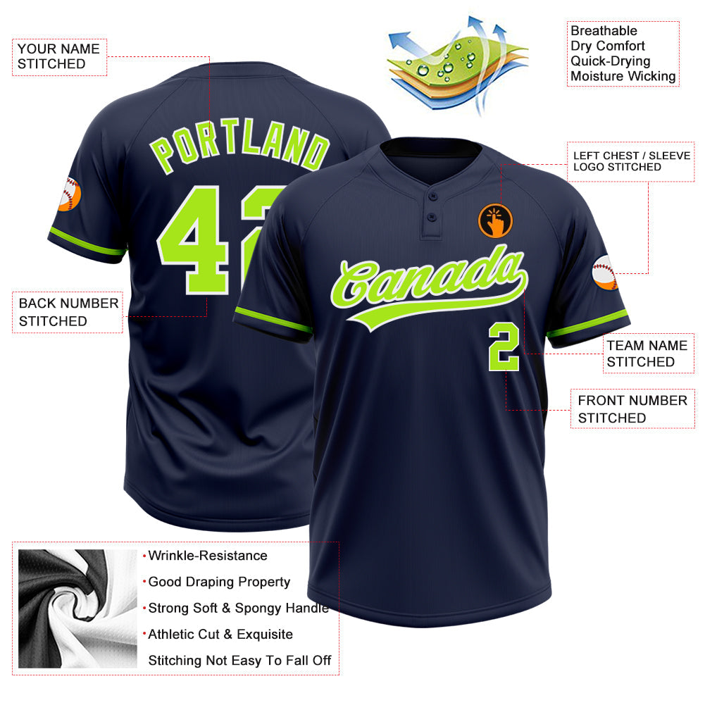 Custom Navy Neon Green-White Two-Button Unisex Softball Jersey view 3