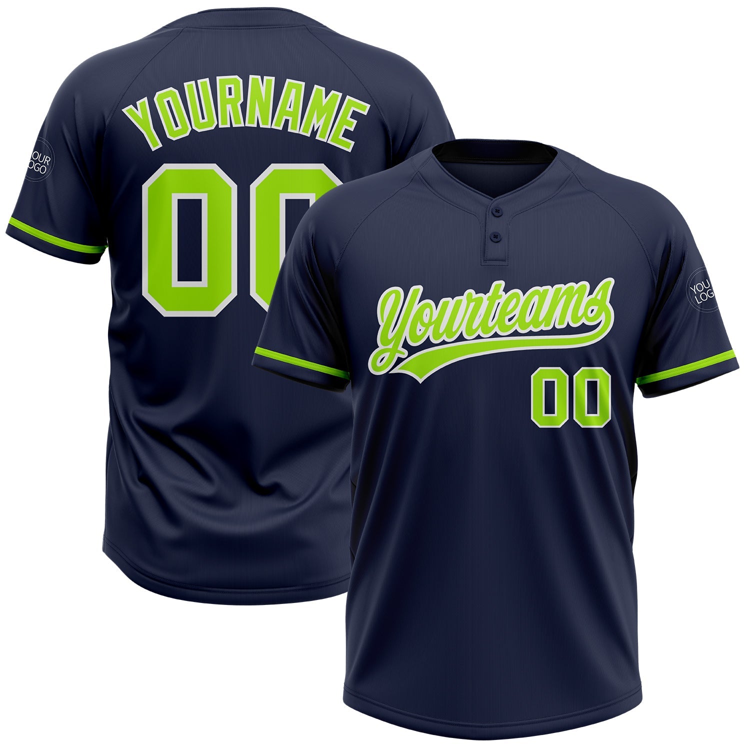 Custom Navy Neon Green-White Two-Button Unisex Softball Jersey - Main View