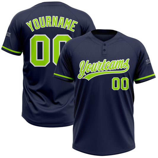 Custom Navy Neon Green-White Two-Button Unisex Softball Jersey - Main View