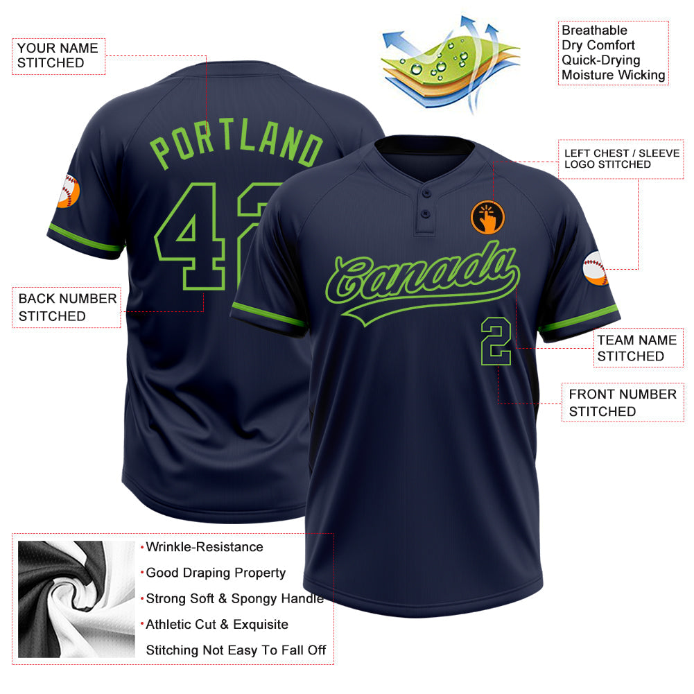 Custom Navy Navy-Neon Green Two-Button Unisex Softball Jersey view 3