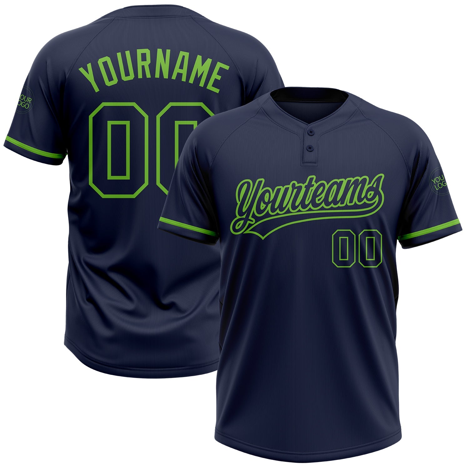 Custom Navy Navy-Neon Green Two-Button Unisex Softball Jersey - Main View