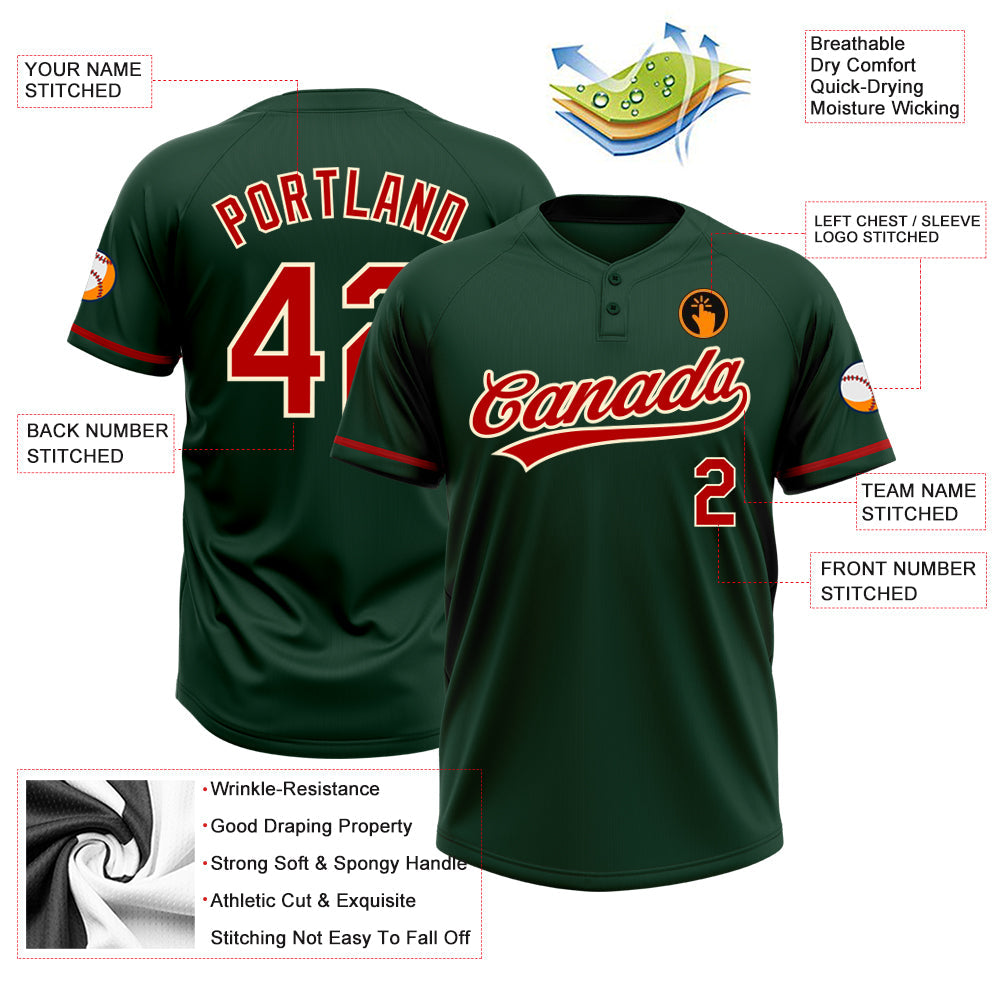 Custom Green Red-Cream Two-Button Unisex Softball Jersey view 3